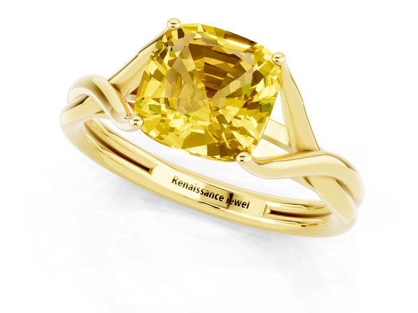 Yellow gold Cushion Cut Yellow Sapphire Solitaire Twist Band Prong Setting Ring