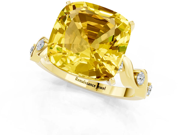 Yellow gold Cushion Cut Yellow Sapphire Solitaire Twisted Band with Round  Accents and Prong Setting