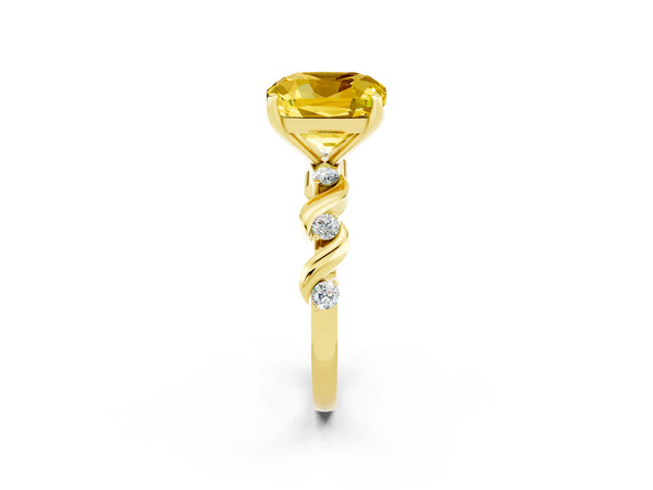 Yellow gold Cushion Cut Yellow Sapphire Solitaire Twisted Band with Round  Accents and Prong Setting