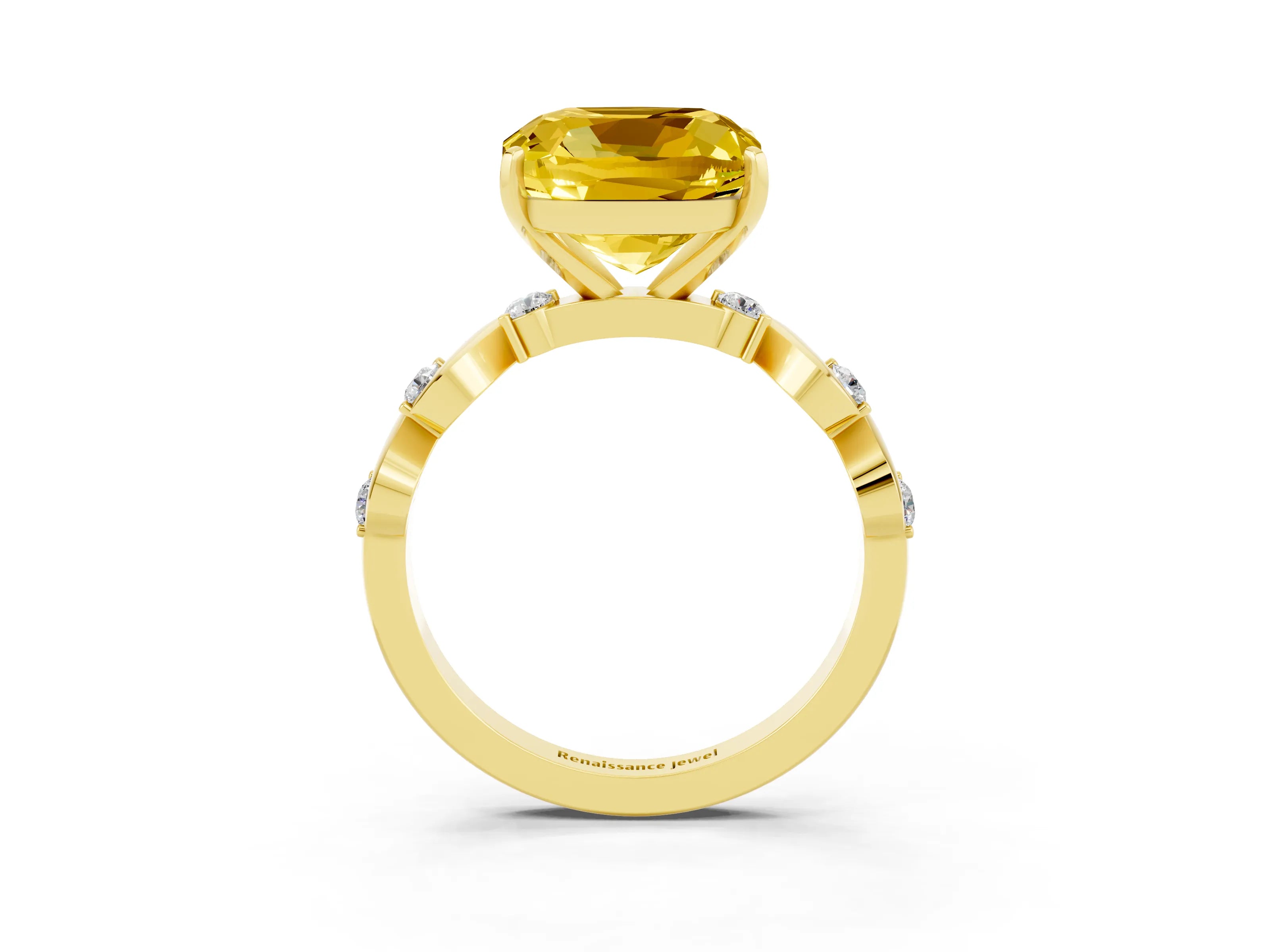 Yellow gold Cushion Cut Yellow Sapphire Solitaire Twisted Band with Round  Accents and Prong Setting_15