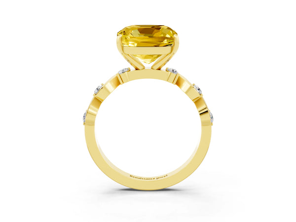 Yellow gold Cushion Cut Yellow Sapphire Solitaire Twisted Band with Round  Accents and Prong Setting