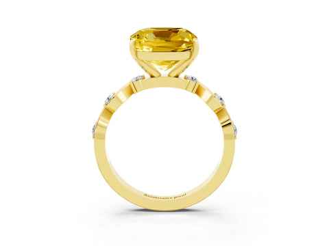 Yellow gold Cushion Cut Yellow Sapphire Solitaire Twisted Band with Round  Accents and Prong Setting_15
