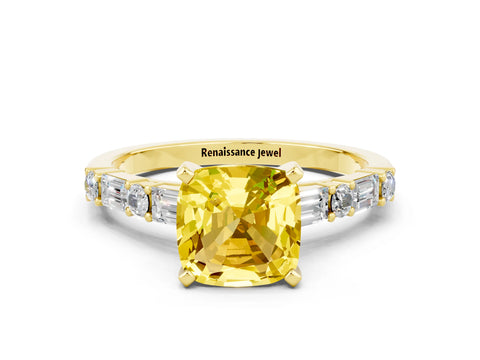 Yellow gold Cushion Cut Yellow Sapphire Solitaire with Side Baguettes and Channel Set Band_24
