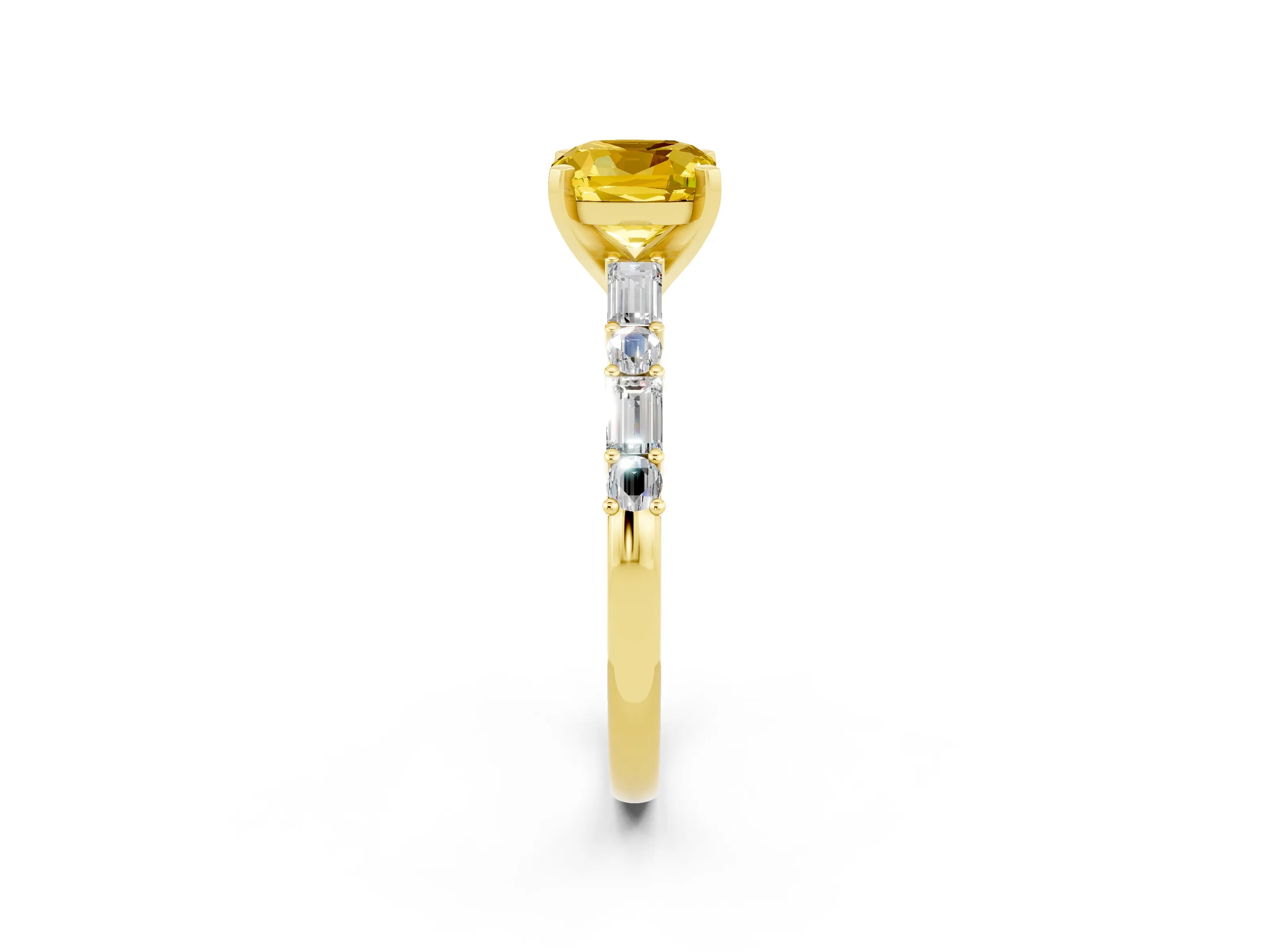 Yellow gold Cushion Cut Yellow Sapphire Solitaire with Side Baguettes and Channel Set Band_26