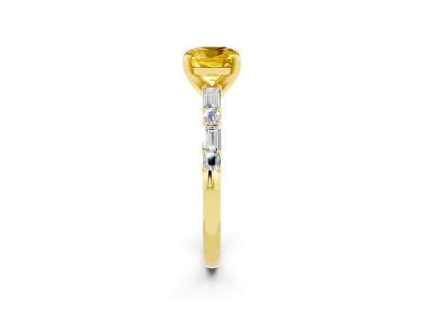 Yellow gold Cushion Cut Yellow Sapphire Solitaire with Side Baguettes and Channel Set Band