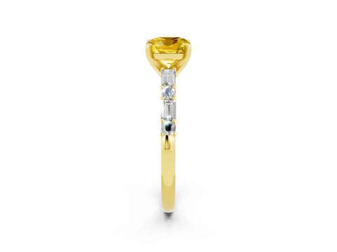 Yellow gold Cushion Cut Yellow Sapphire Solitaire with Side Baguettes and Channel Set Band_26
