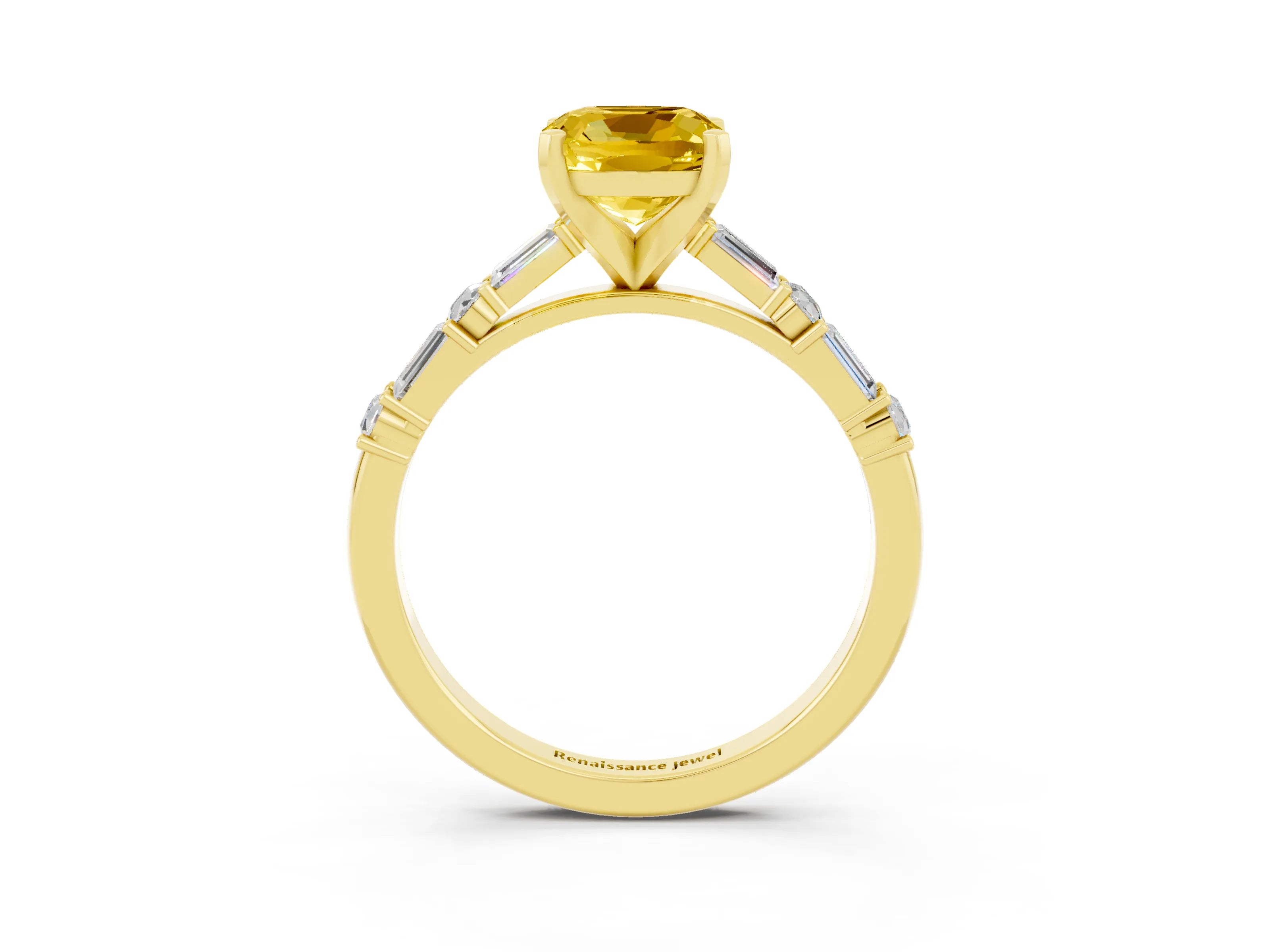 Yellow gold Cushion Cut Yellow Sapphire Solitaire with Side Baguettes and Channel Set Band_27