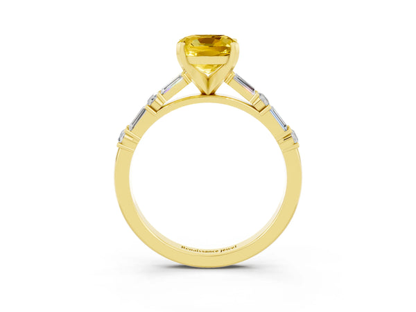 Yellow gold Cushion Cut Yellow Sapphire Solitaire with Side Baguettes and Channel Set Band