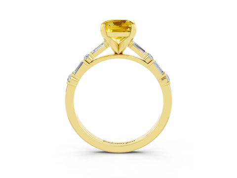 Yellow gold Cushion Cut Yellow Sapphire Solitaire with Side Baguettes and Channel Set Band_27