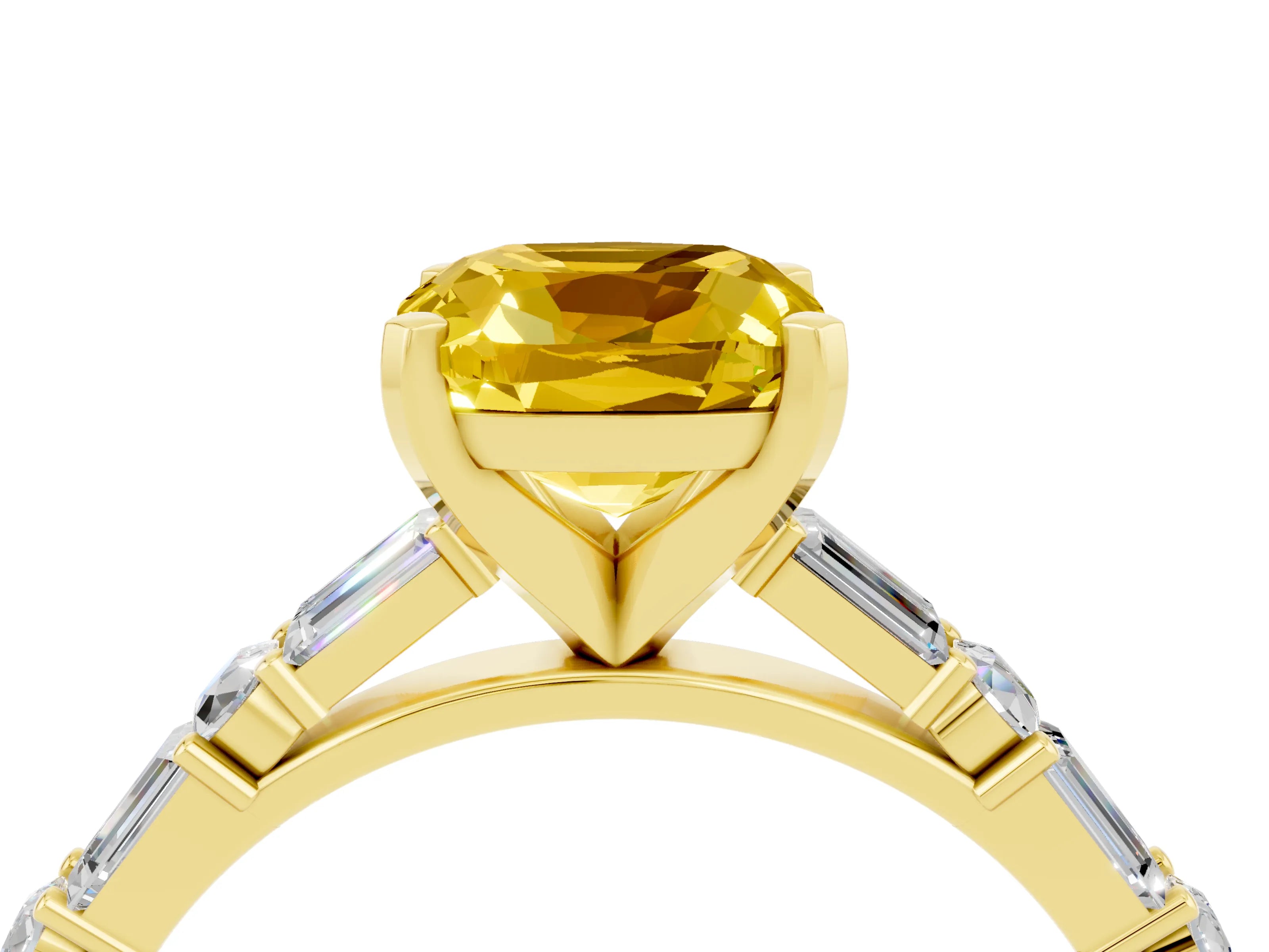 Yellow gold Cushion Cut Yellow Sapphire Solitaire with Side Baguettes and Channel Set Band_28