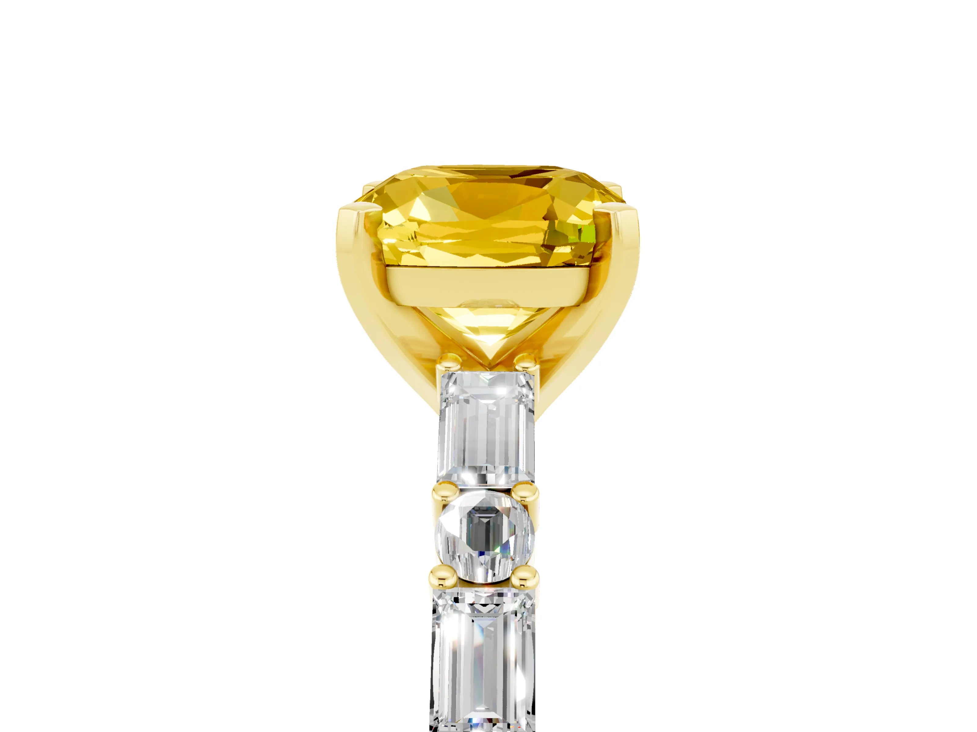 Yellow gold Cushion Cut Yellow Sapphire Solitaire with Side Baguettes and Channel Set Band_29