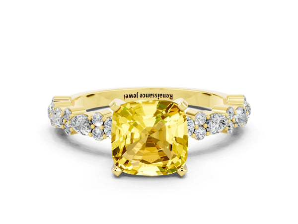 Yellow gold Cushion Cut Yellow Sapphire Side Stone Solitaire Ring with Round  and Four-Prong Setting