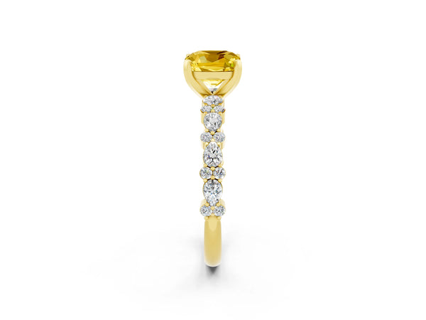 Yellow gold Cushion Cut Yellow Sapphire Side Stone Solitaire Ring with Round  and Four-Prong Setting