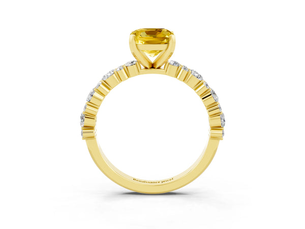 Yellow gold Cushion Cut Yellow Sapphire Side Stone Solitaire Ring with Round  and Four-Prong Setting