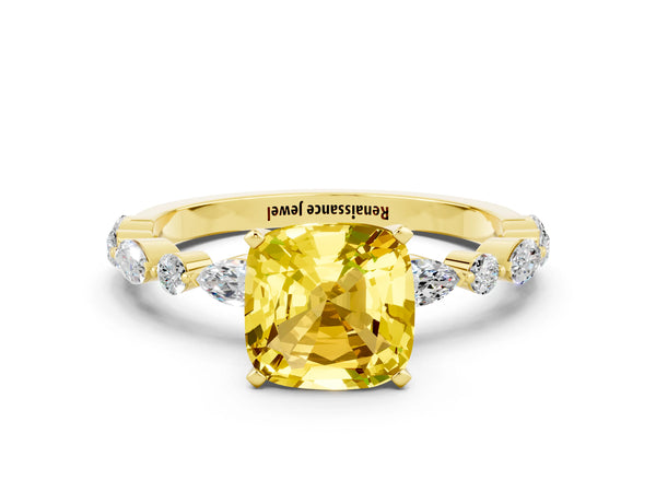 Yellow gold Cushion Cut Yellow Sapphire Ring with Marquise and Round  Side Stones and Four-Prong Setting