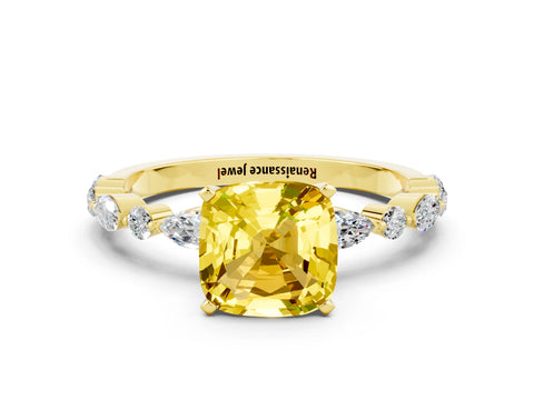 Yellow gold Cushion Cut Yellow Sapphire Solitaire with Side Stones on a Pavé Band and Four-Prong Setting_24