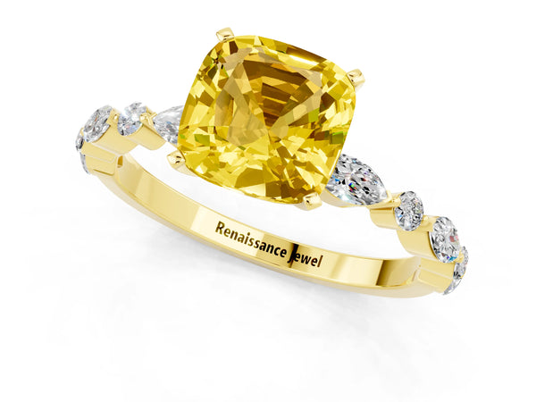 Yellow gold Cushion Cut Yellow Sapphire Ring with Marquise and Round  Side Stones and Four-Prong Setting
