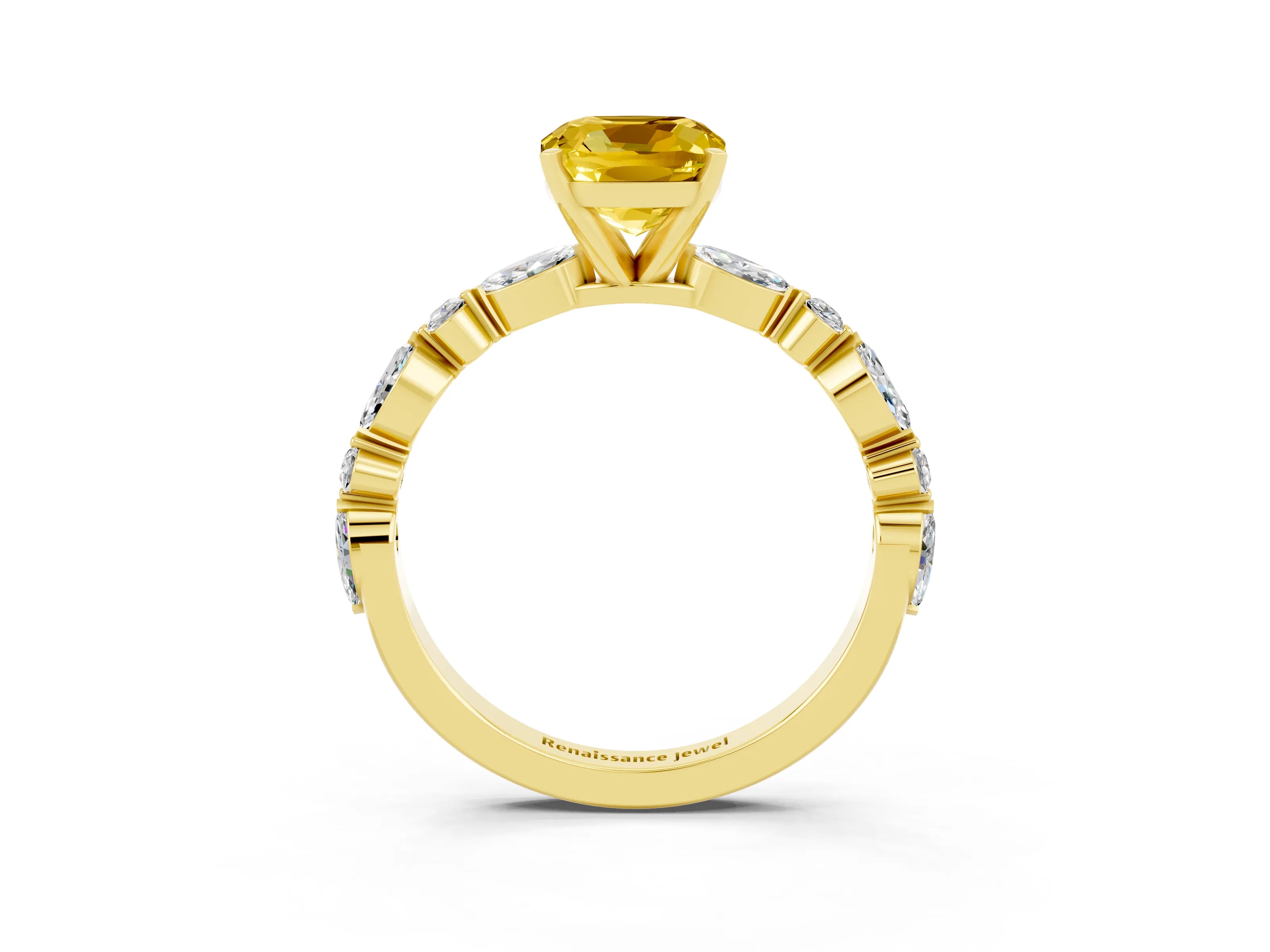Yellow gold Cushion Cut Yellow Sapphire Solitaire with Side Stones on a Pavé Band and Four-Prong Setting_27