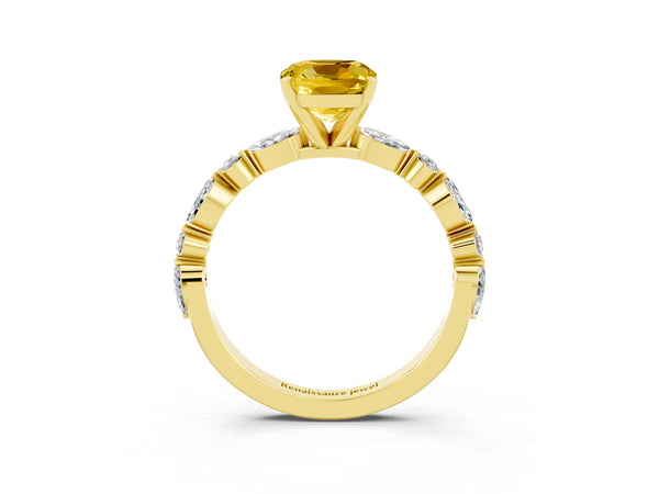 Yellow gold Cushion Cut Yellow Sapphire Ring with Marquise and Round  Side Stones and Four-Prong Setting