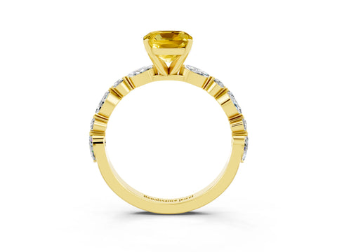 Yellow gold Cushion Cut Yellow Sapphire Solitaire with Side Stones on a Pavé Band and Four-Prong Setting_27