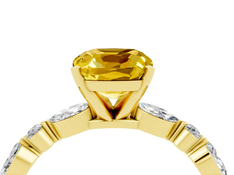 Yellow gold Cushion Cut Yellow Sapphire Solitaire with Side Stones on a Pavé Band and Four-Prong Setting_28