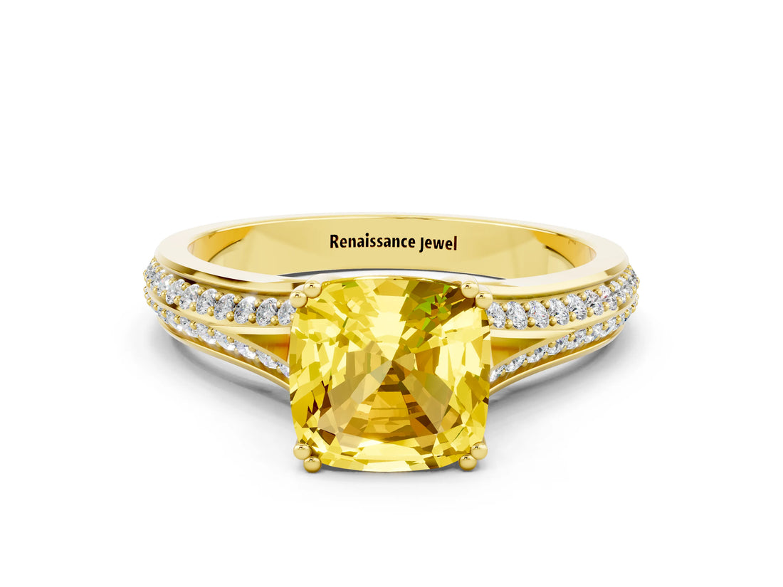 Yellow gold Cushion Cut Yellow Sapphire Split Shank Engagement Ring with Pavé Band_24