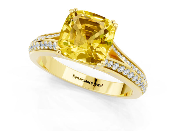 Yellow gold Cushion Cut Yellow Sapphire Split Shank Engagement Ring with Pavé Band