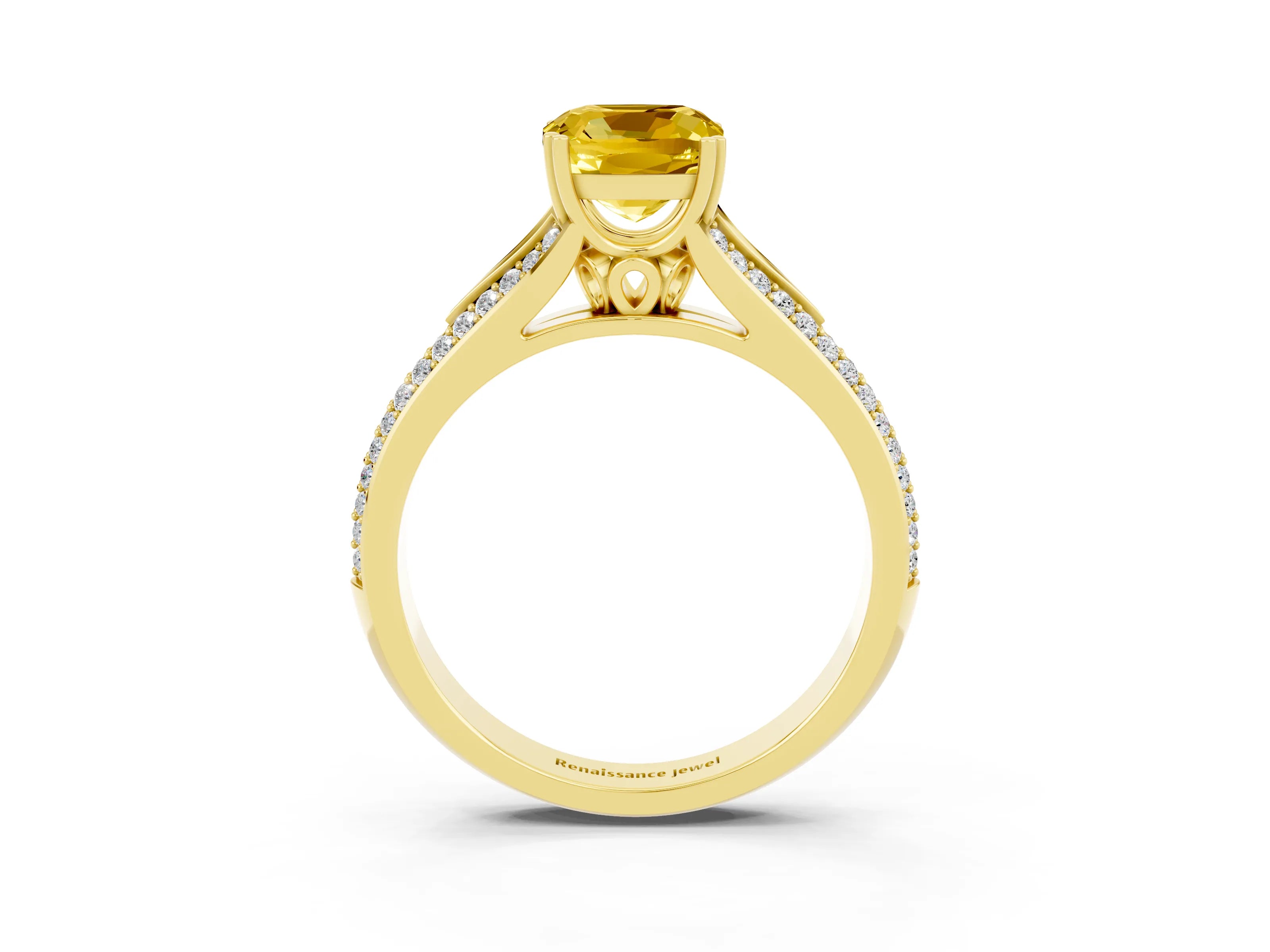 Yellow gold Cushion Cut Yellow Sapphire Split Shank Engagement Ring with Pavé Band_27
