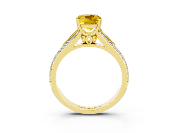 Yellow gold Cushion Cut Yellow Sapphire Split Shank Engagement Ring with Pavé Band