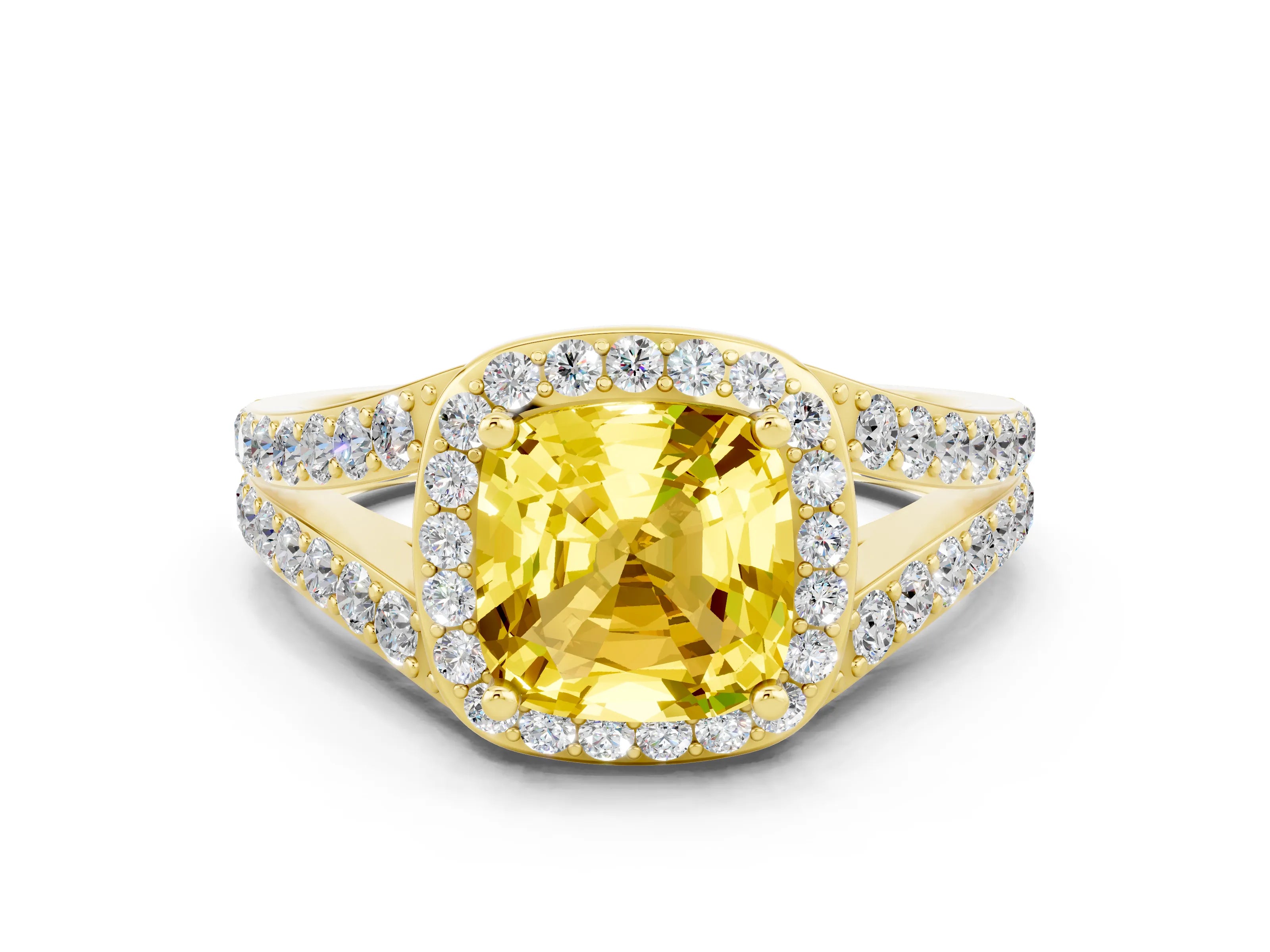 Yellow gold Cushion Cut Yellow Sapphire Split Shank Halo Ring with Four-Prong Setting_12