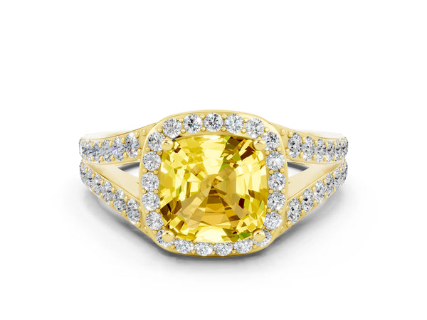 Yellow gold Cushion Cut Yellow Sapphire Split Shank Halo Ring with Four-Prong Setting