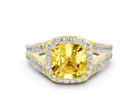 Yellow gold Cushion Cut Yellow Sapphire Split Shank Halo Ring with Four-Prong Setting_12
