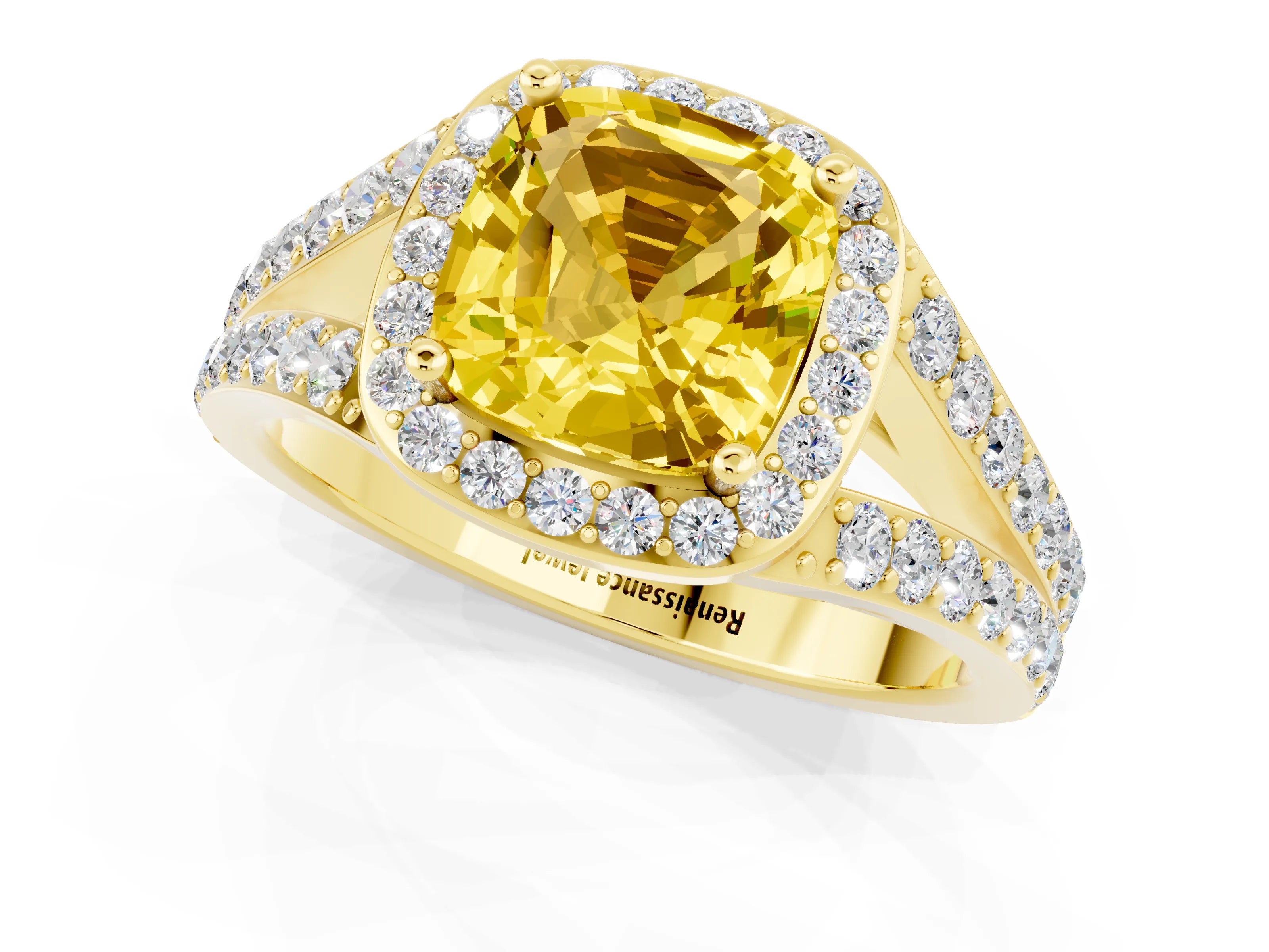 Yellow gold Cushion Cut Yellow Sapphire Split Shank Halo Ring with Four-Prong Setting_13