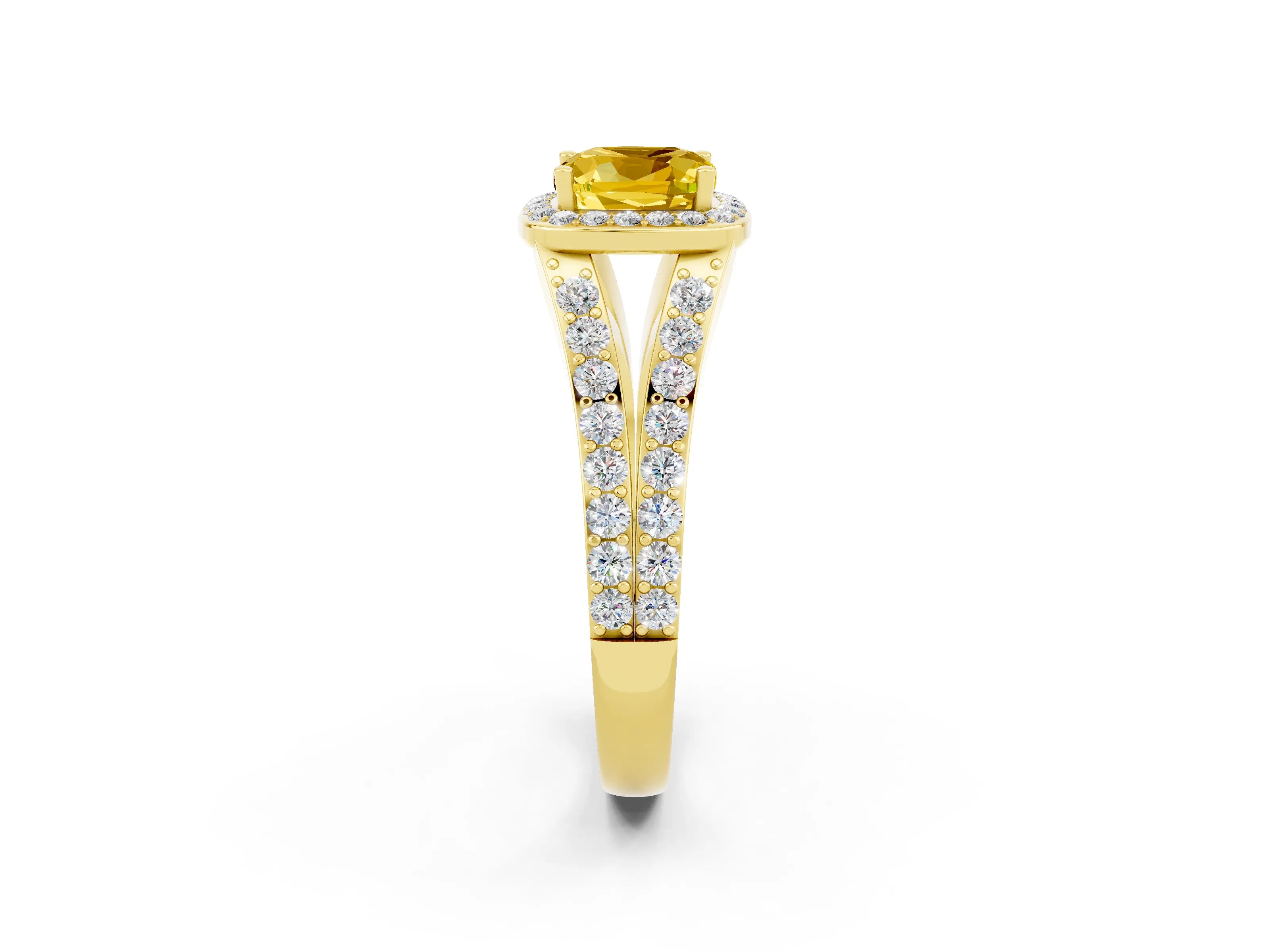 Yellow gold Cushion Cut Yellow Sapphire Split Shank Halo Ring with Four-Prong Setting_14