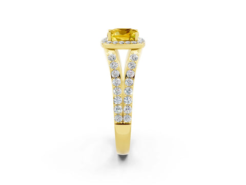 Yellow gold Cushion Cut Yellow Sapphire Split Shank Halo Ring with Four-Prong Setting_14