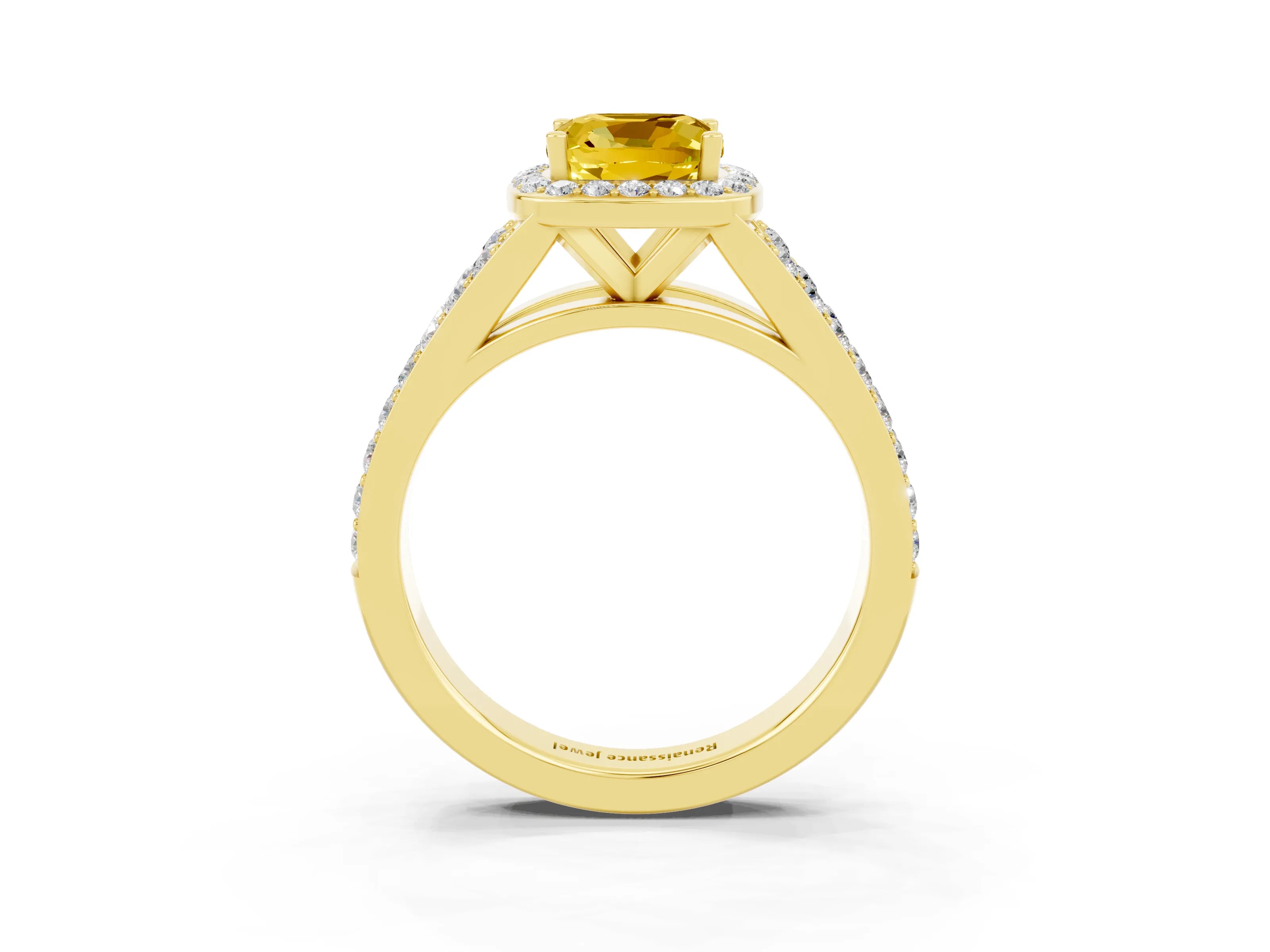 Yellow gold Cushion Cut Yellow Sapphire Split Shank Halo Ring with Four-Prong Setting_15