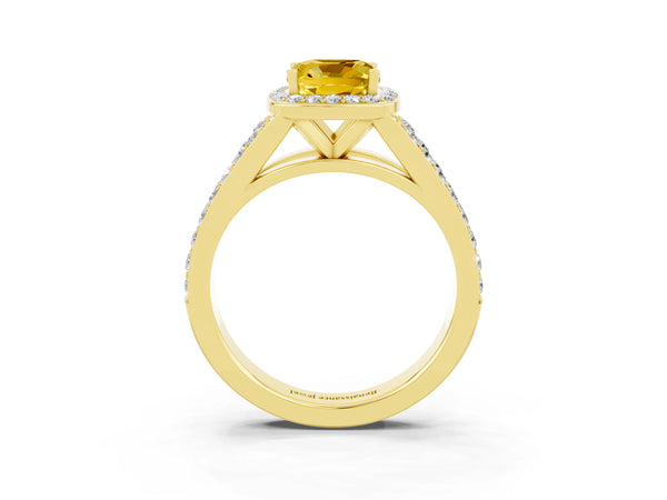 Yellow gold Cushion Cut Yellow Sapphire Split Shank Halo Ring with Four-Prong Setting