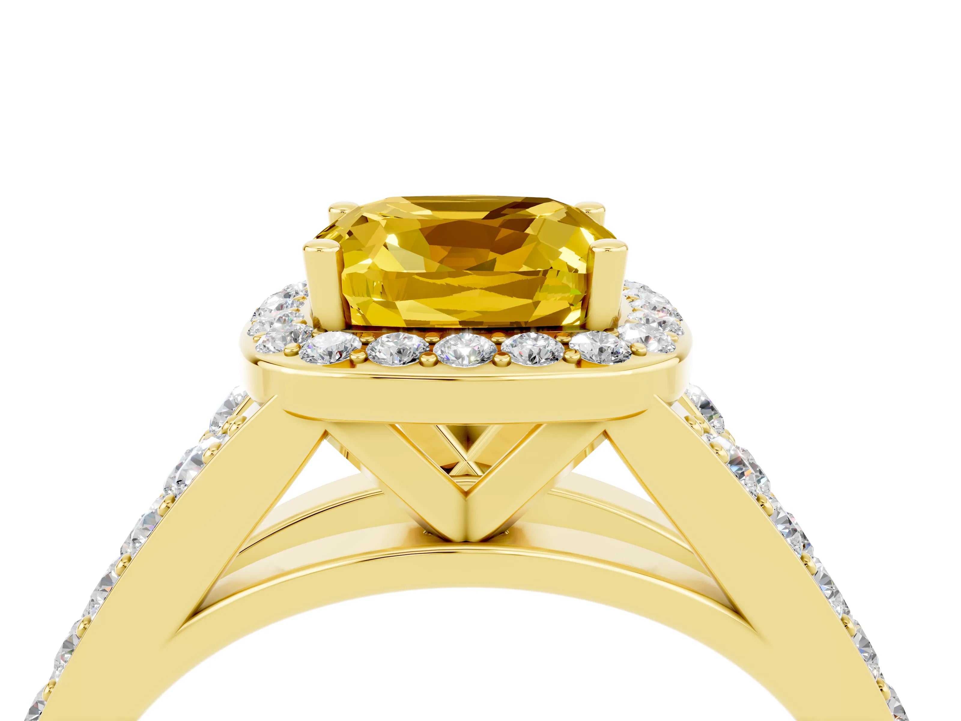 Yellow gold Cushion Cut Yellow Sapphire Split Shank Halo Ring with Four-Prong Setting_16