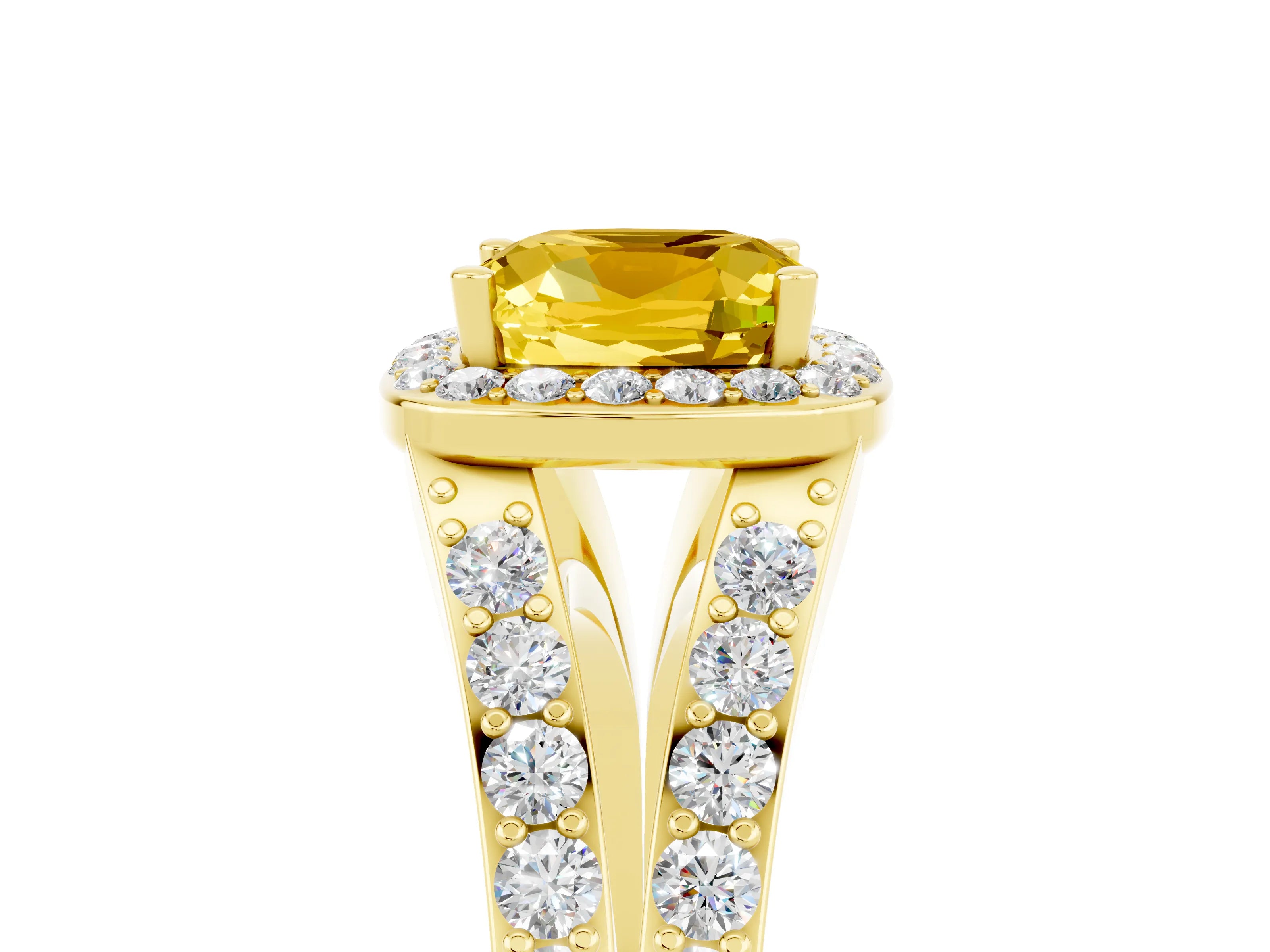 Yellow gold Cushion Cut Yellow Sapphire Split Shank Halo Ring with Four-Prong Setting_17