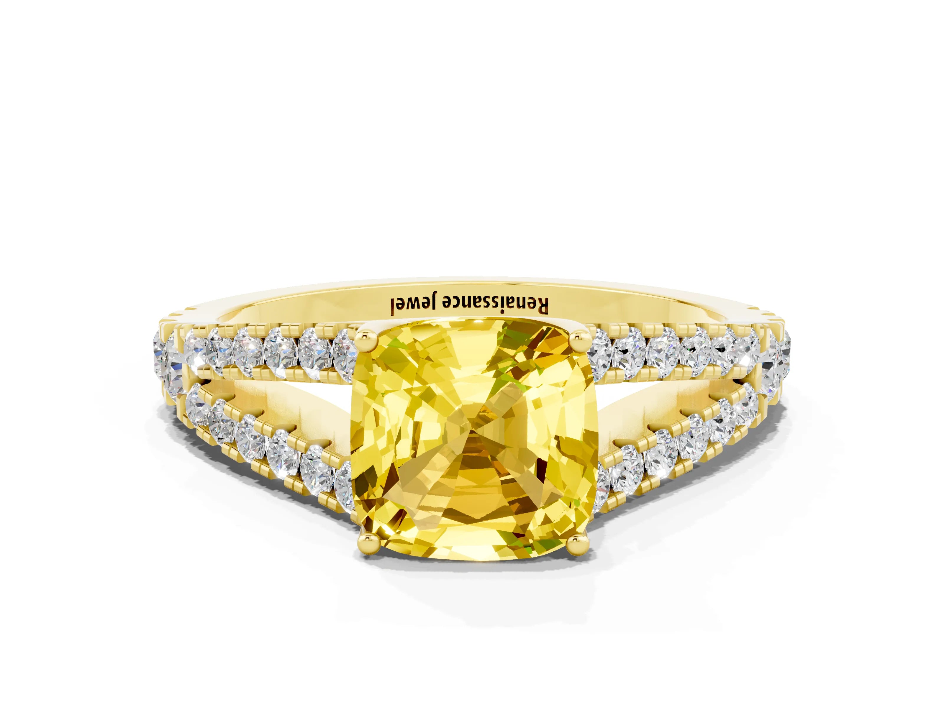 Yellow gold Cushion Cut Yellow Sapphire Split Shank Pavé Engagement Ring with Four-Prong Setting_12
