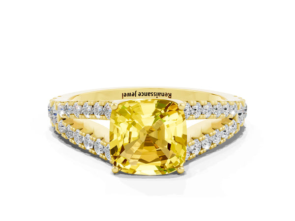 Yellow gold Cushion Cut Yellow Sapphire Split Shank Pavé Engagement Ring with Four-Prong Setting