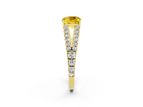 Yellow gold Cushion Cut Yellow Sapphire Split Shank Pavé Engagement Ring with Four-Prong Setting