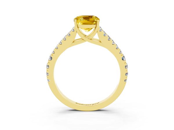 Yellow gold Cushion Cut Yellow Sapphire Split Shank Pavé Engagement Ring with Four-Prong Setting