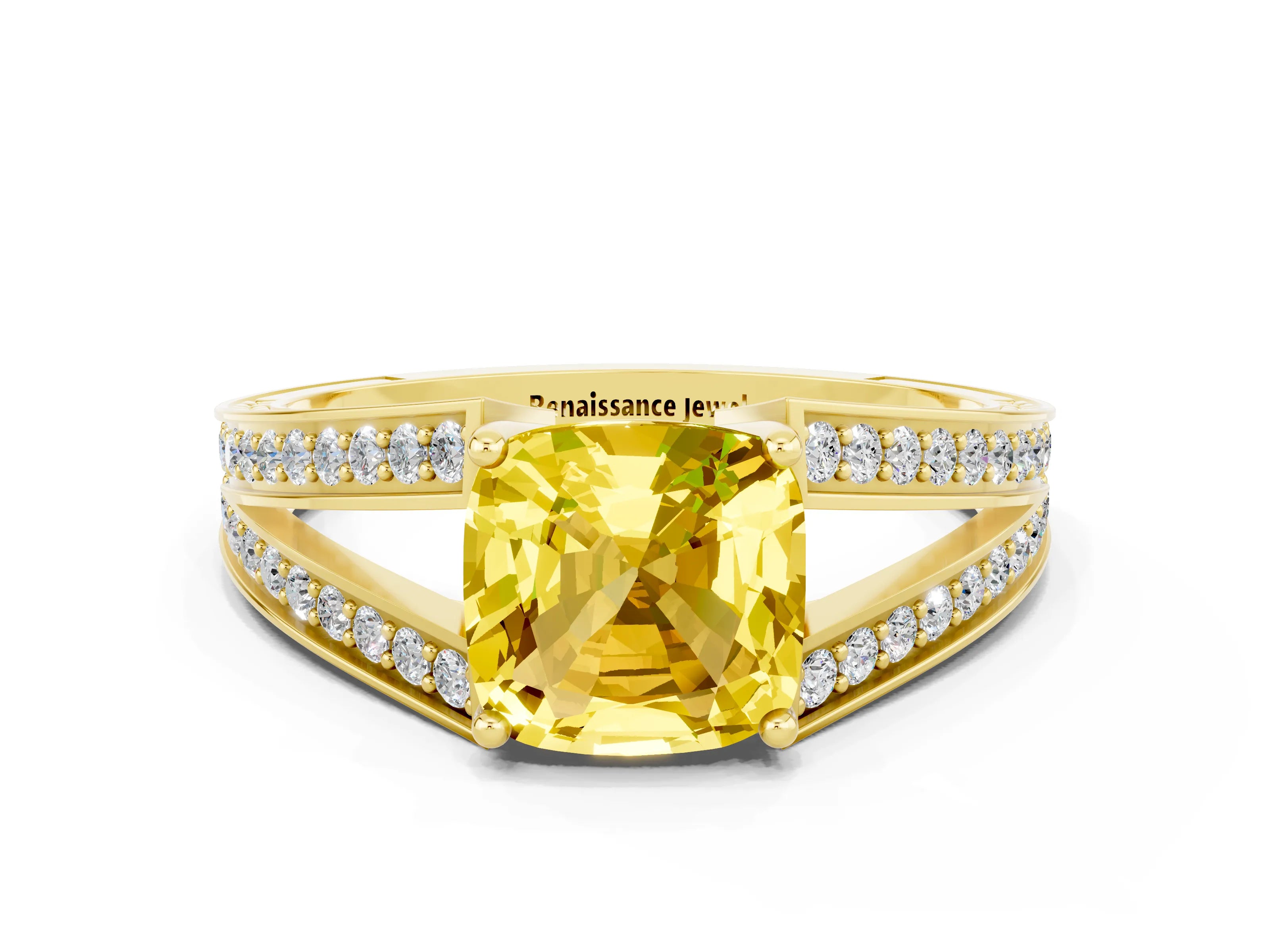 Yellow gold Cushion Cut Yellow Sapphire Split Shank Ring with Pavé Band and Four-Prong Setting