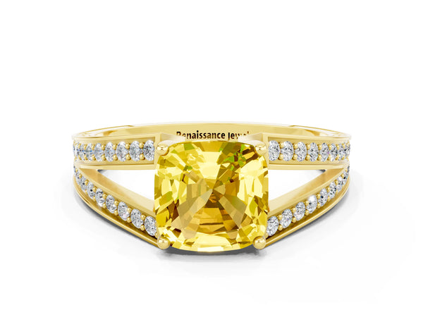 Yellow gold Cushion Cut Yellow Sapphire Split Shank Ring with Pavé Band and Four-Prong Setting