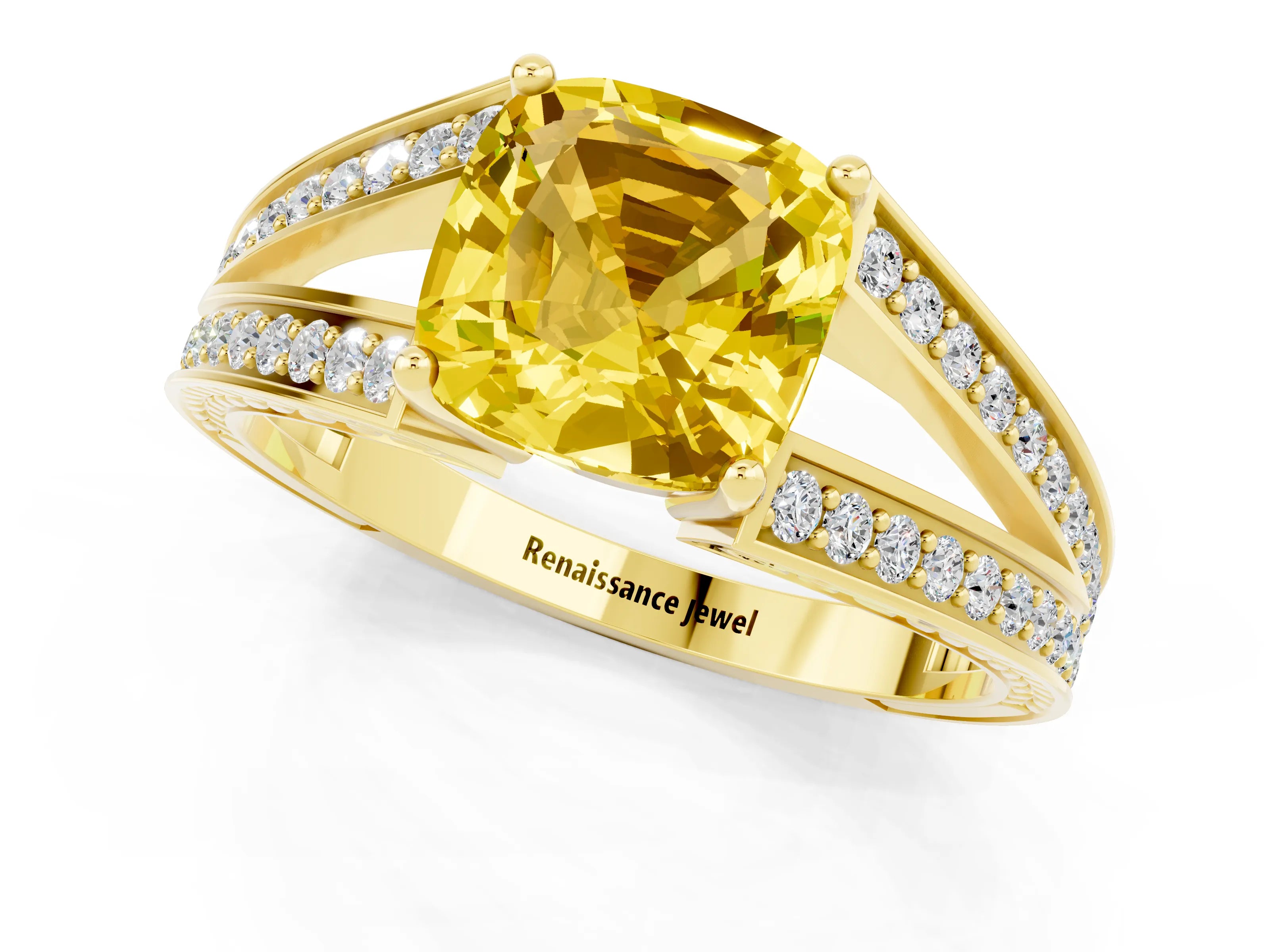 Yellow gold Cushion Cut Yellow Sapphire Split Shank Ring with Pavé Band and Four-Prong Setting_1