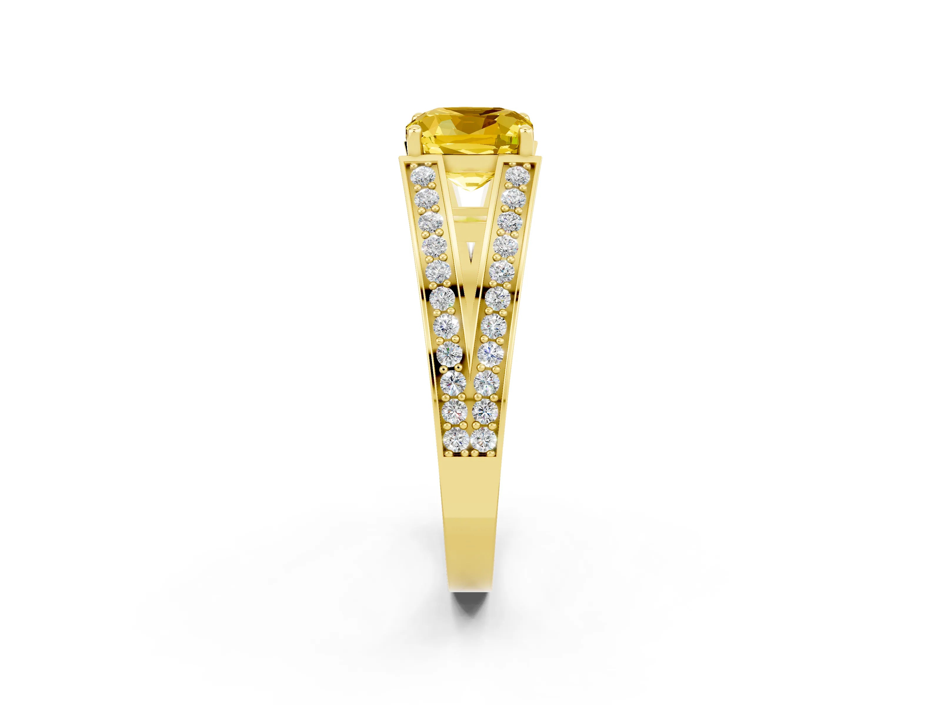 Yellow gold Cushion Cut Yellow Sapphire Split Shank Ring with Pavé Band and Four-Prong Setting_2