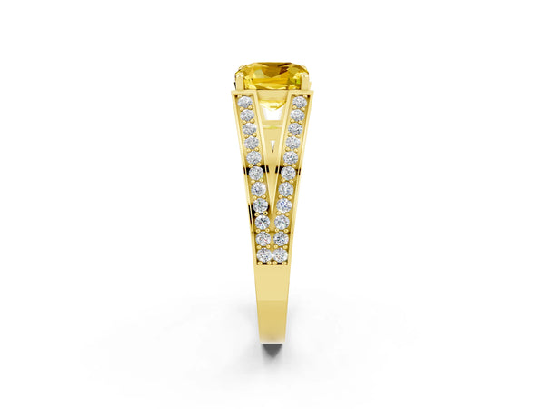 Yellow gold Cushion Cut Yellow Sapphire Split Shank Ring with Pavé Band and Four-Prong Setting