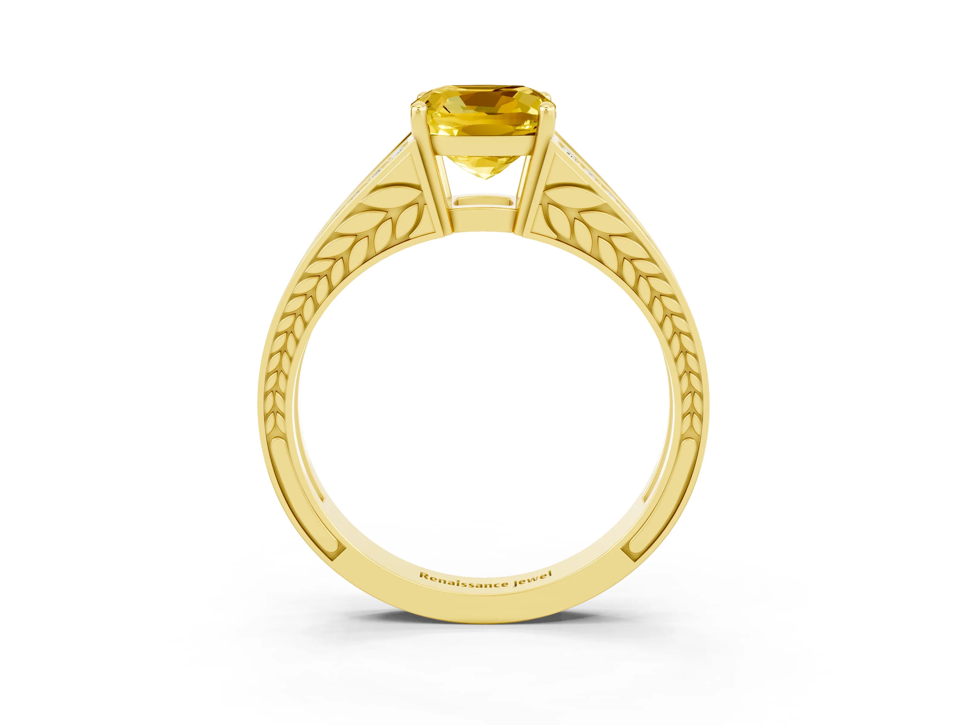 Yellow gold Cushion Cut Yellow Sapphire Split Shank Ring with Pavé Band and Four-Prong Setting_3