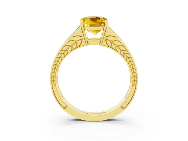 Yellow gold Cushion Cut Yellow Sapphire Split Shank Ring with Pavé Band and Four-Prong Setting